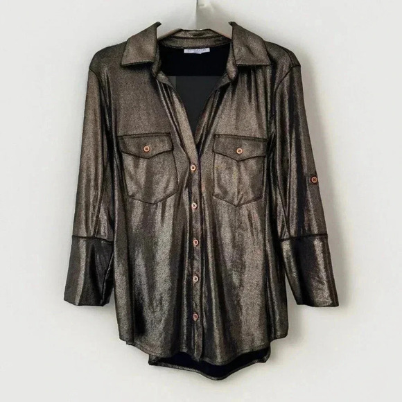Samantha Dru Copper Metallic Holiday Party Button Down Top Size Small - Picture 1 of 5